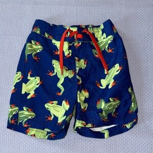 Janie and Jack Navy Swim Trunks with Green Frog Print and Red Drawstring
